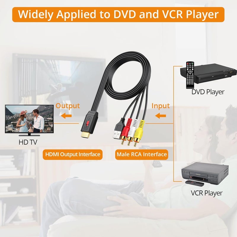 Neoteck محول RCA إلى HDMI بطول 150 سم/5 أقدام كابل AV إلى HDMI يدعم تحويل 16:9/4:3 كابل AV مدمج لأفلام قديمة أو مقاطع فيديو حية توصيل وتشغيل مستخدم على نطاق واسع في مشغل DVD VCR - إدخال RCA ذكر - Image 4